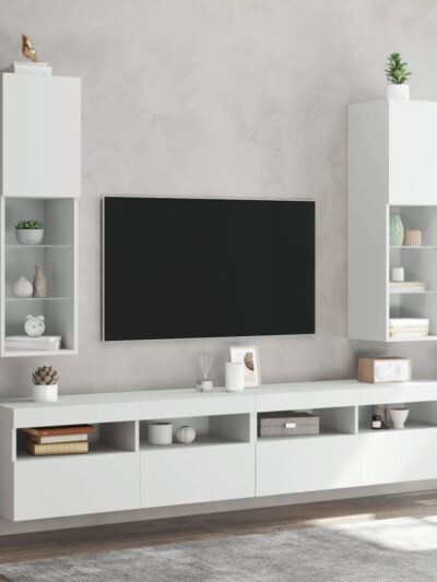 Comode TV cu lumini LED, 2 buc., alb, 30,5x30x102 cm - Casa - Decoo