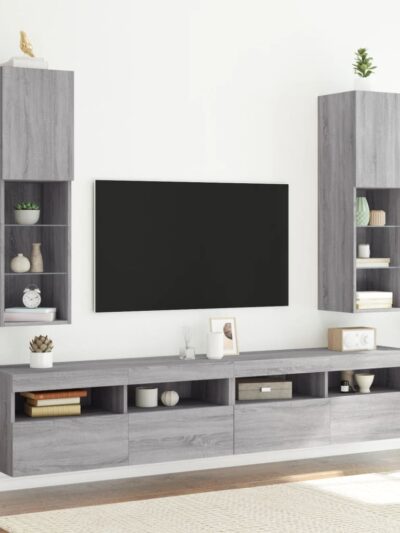 Comode TV cu lumini LED, 2 buc., gri sonoma, 30,5x30x102 cm - Casa - Decoo