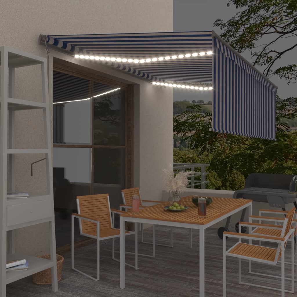 Copertină automată cu stor&senzor vânt&LED, albastru&alb, 4x3 m - Copertine retractabile automate - Decoo