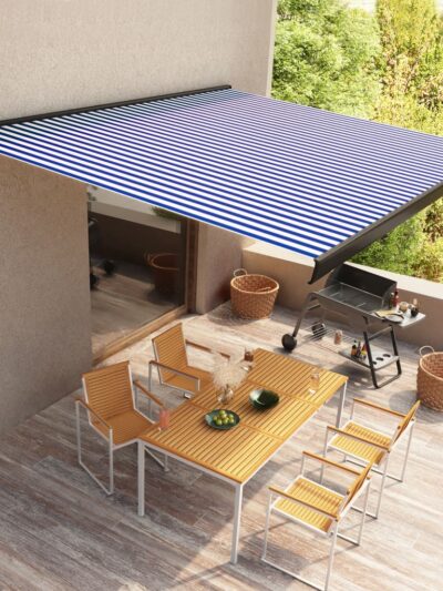 Copertină manuală tip casetă, albastru și alb, 450 x 300 cm - Copertine retractabile - Decoo