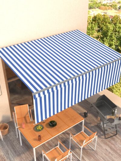 Copertină retractabilă automat cu stor, albastru & alb, 4x3 m - Copertine retractabile automate - Decoo