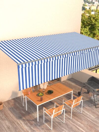 Copertină retractabilă automat cu stor, albastru&alb, 6x3 m - Copertine retractabile automate - Decoo