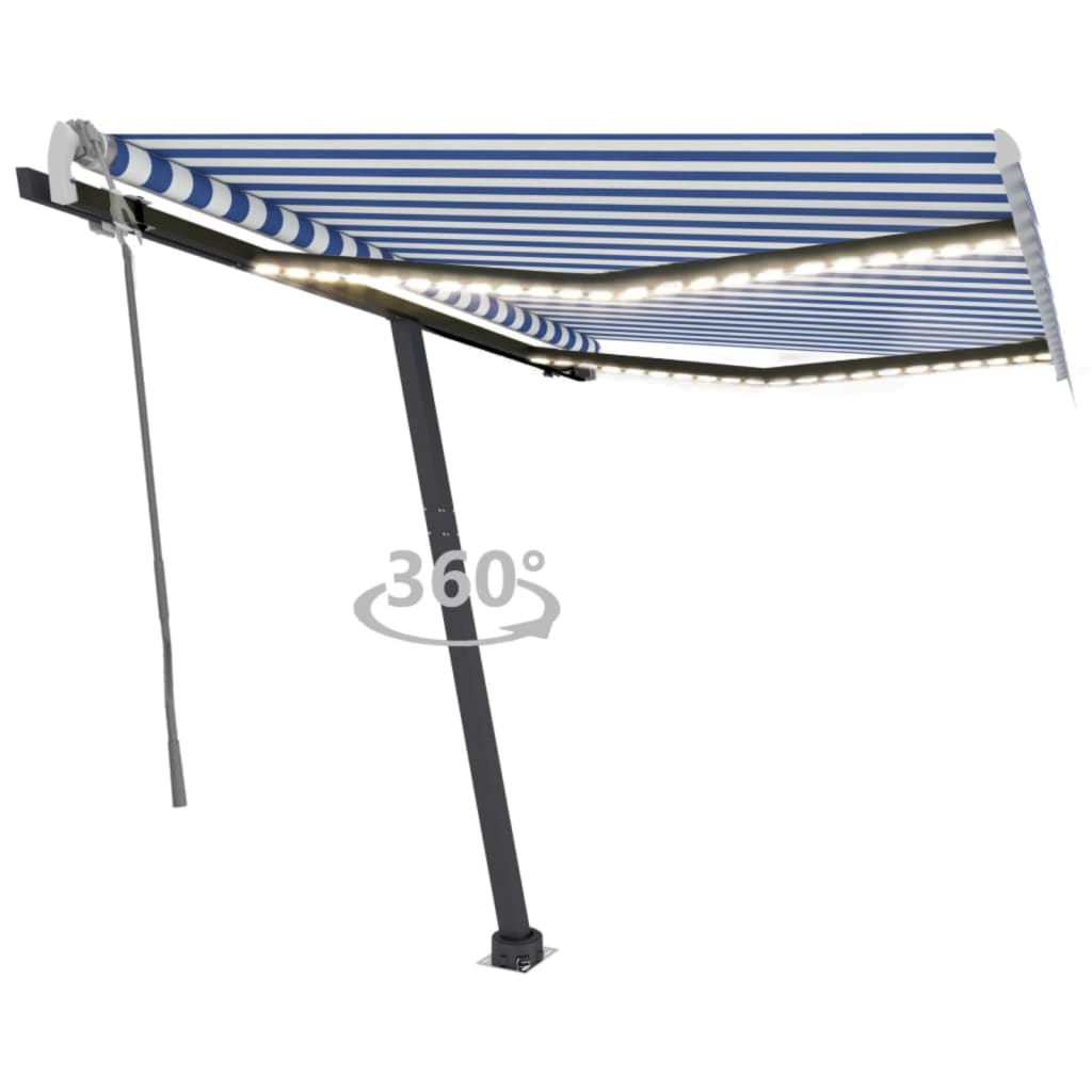 Copertină retractabilă manual cu LED, albastru&alb, 350x250 cm - Copertine retractabile - Decoo