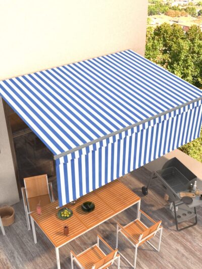 Copertină retractabilă manual cu stor, albastru & alb, 4x3 m - Copertine retractabile - Decoo