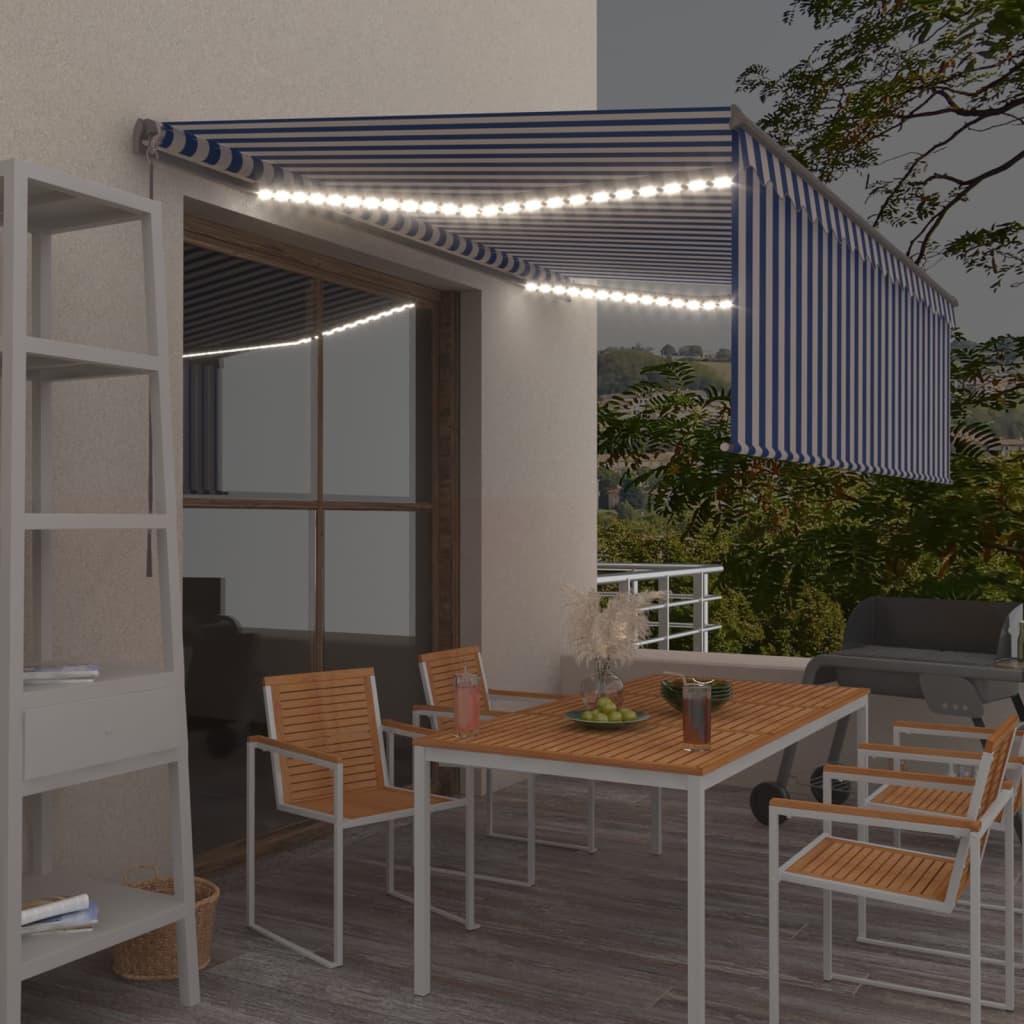 Copertină retractabilă manual cu stor&LED, albastru&alb, 4,5x3m - Copertine retractabile - Decoo