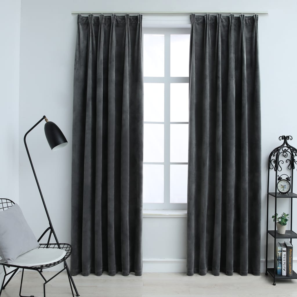 Draperii opace cu cârlige, 2 buc, antracit, 140x225 cm catifea - Casa - Decoo