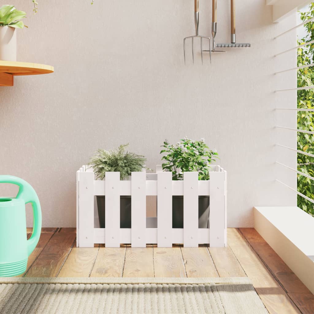 Jardinieră grădină design gard, alb, 60x30x30 cm lemn masiv pin - Ghivece si suporturi flori - Decoo