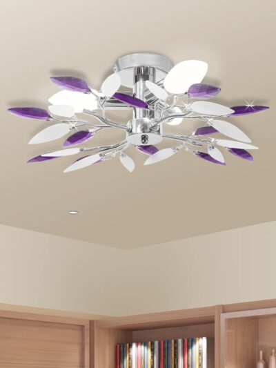 Lustră cu frunze cristal acrilic, alb/violet, pentru 3 becuri E14 - Accesorii corpuri de iluminat - Decoo