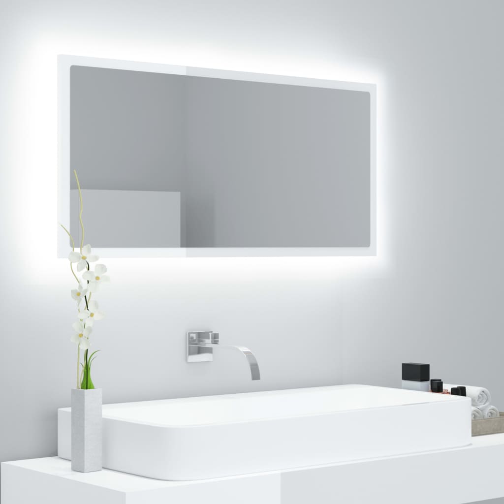 Oglindă de baie cu LED, alb extralucios, 90x8,5x37 cm, acril - Accesorii baie - Decoo