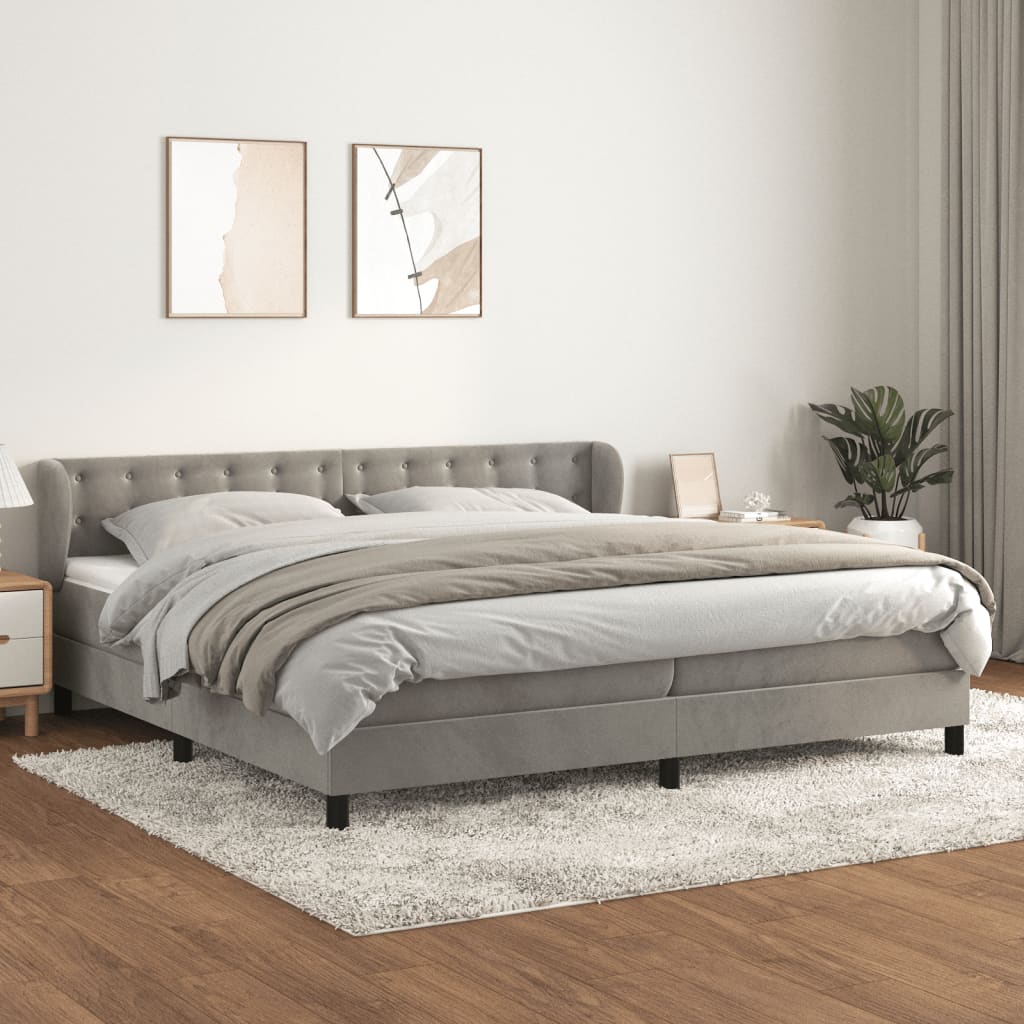 Pat box spring cu saltea, gri deschis, 200x200 cm, catifea - Casa - Decoo