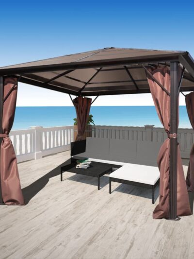 Pavilion cu perdea, maro, aluminiu, 300 x 300 cm - Foisoare,Corturi si pavilioane de gradina - Decoo