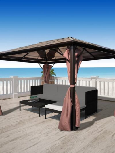 Pavilion cu perdea, maro, aluminiu, 400 x 300 cm - Foisoare,Corturi si pavilioane de gradina - Decoo