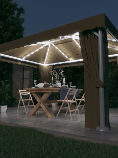 Pavilion cu perdea & șir de lumini LED, gri taupe, 4x3 m - Foisoare,Corturi si pavilioane de gradina - Decoo