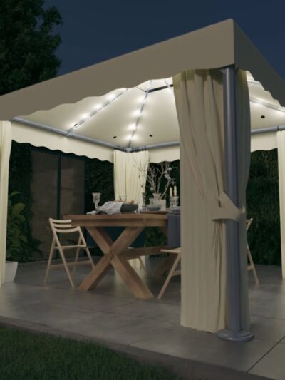 Pavilion cu perdele & șiruri lumini LED, alb crem, 3x3 m - Foisoare,Corturi si pavilioane de gradina - Decoo