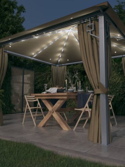 Pavilion cu perdele&șiruri lumini LED gri taupe 3x3 m aluminiu - Foisoare,Corturi si pavilioane de gradina - Decoo