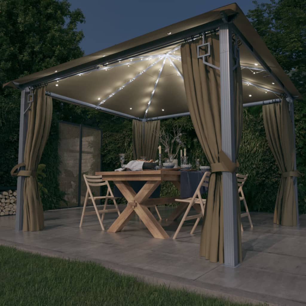 Pavilion cu perdele&șiruri lumini LED gri taupe 3x3 m aluminiu - Foisoare,Corturi si pavilioane de gradina - Decoo