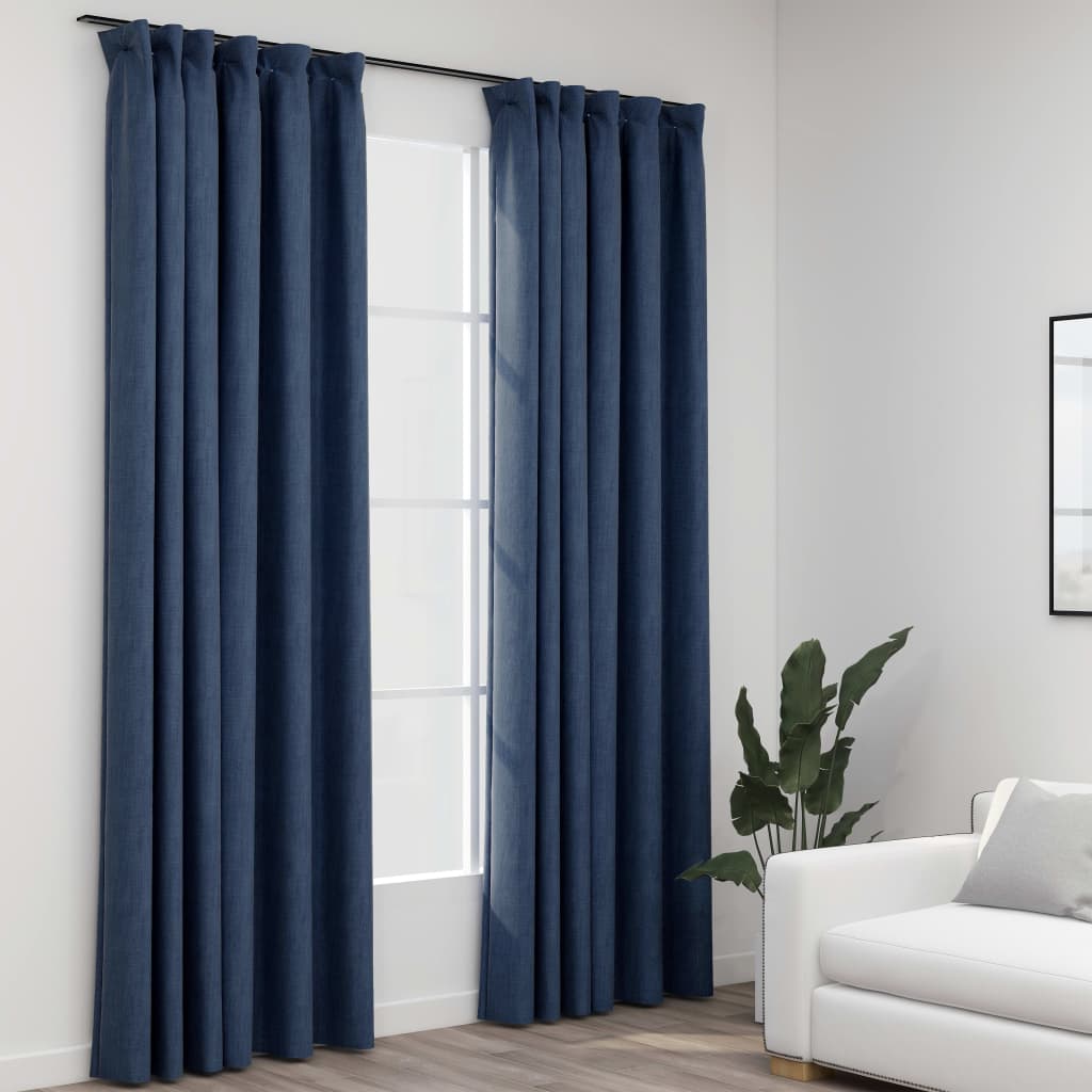 Perdele opace aspect pânză cârlige, 2 buc, albastru, 140x225 cm - Casa - Decoo