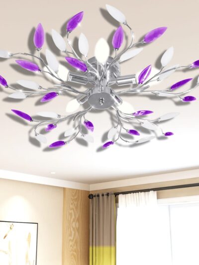 Plafoniera violet/albă brațe frunze cristal acrilic 5 becuri E14 - Accesorii corpuri de iluminat - Decoo