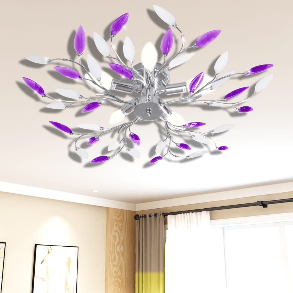 Plafoniera violet/albă brațe frunze cristal acrilic 5 becuri E14 - Accesorii corpuri de iluminat - Decoo