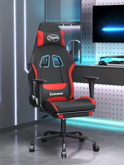 Scaun de gaming cu masaj/suport picioare, negru și roșu, textil - Casa - Decoo