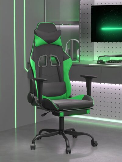 Scaun gaming de masaj/suport picioare, negru/verde, piele eco - Casa - Decoo