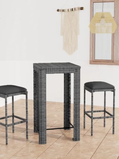 Set mobilier bar de grădină, cu perne, 3 piese, gri, poliratan - Gradina - Decoo