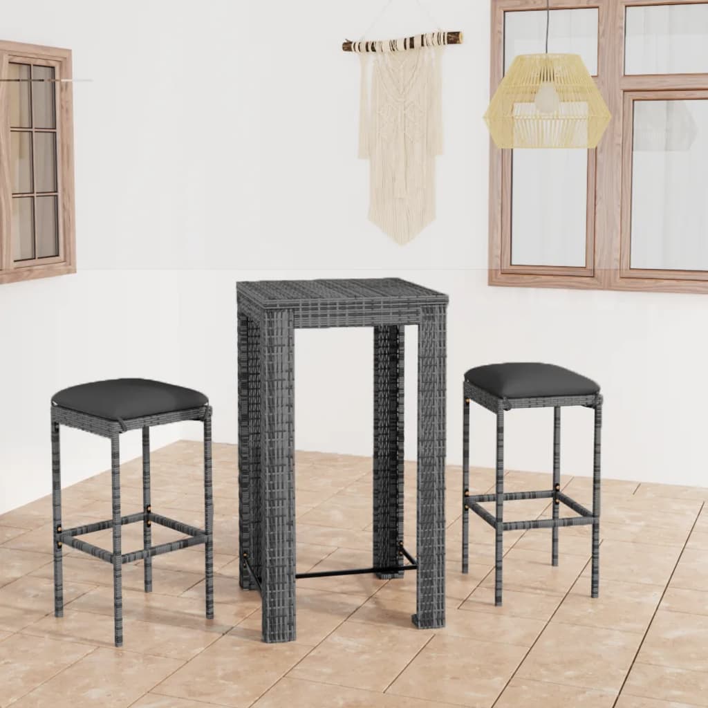 Set mobilier bar de grădină, cu perne, 3 piese, gri, poliratan - Gradina - Decoo