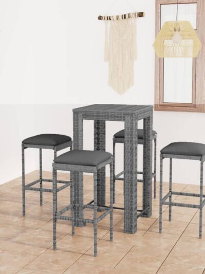 Set mobilier bar de grădină cu perne, 5 piese, gri, poliratan - Gradina - Decoo