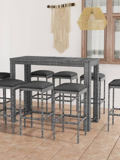 Set mobilier bar de grădină cu perne, 9 piese, gri, poliratan - Gradina - Decoo