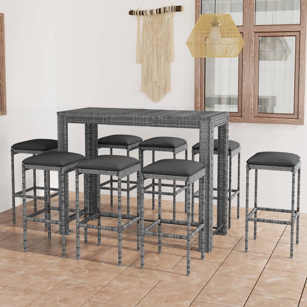 Set mobilier bar de grădină cu perne, 9 piese, gri, poliratan - Gradina - Decoo