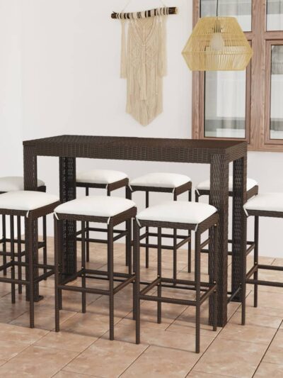 Set mobilier bar de grădină cu perne, 9 piese, maro, poliratan - Gradina - Decoo