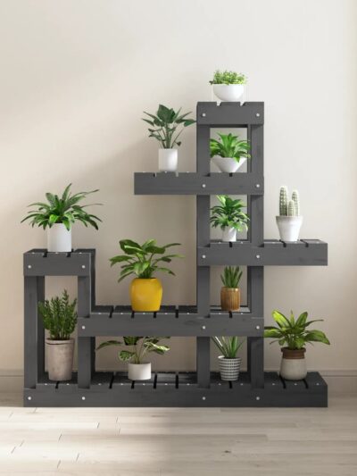 Suport pentru plante, gri, 92x25x97 cm, lemn masiv de pin - Ghivece si suporturi flori - Decoo