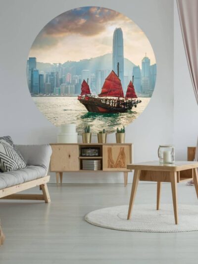 WallArt Tapet în formă de cerc Skyline with Junk Boat, 142,5 cm - Casa - Decoo